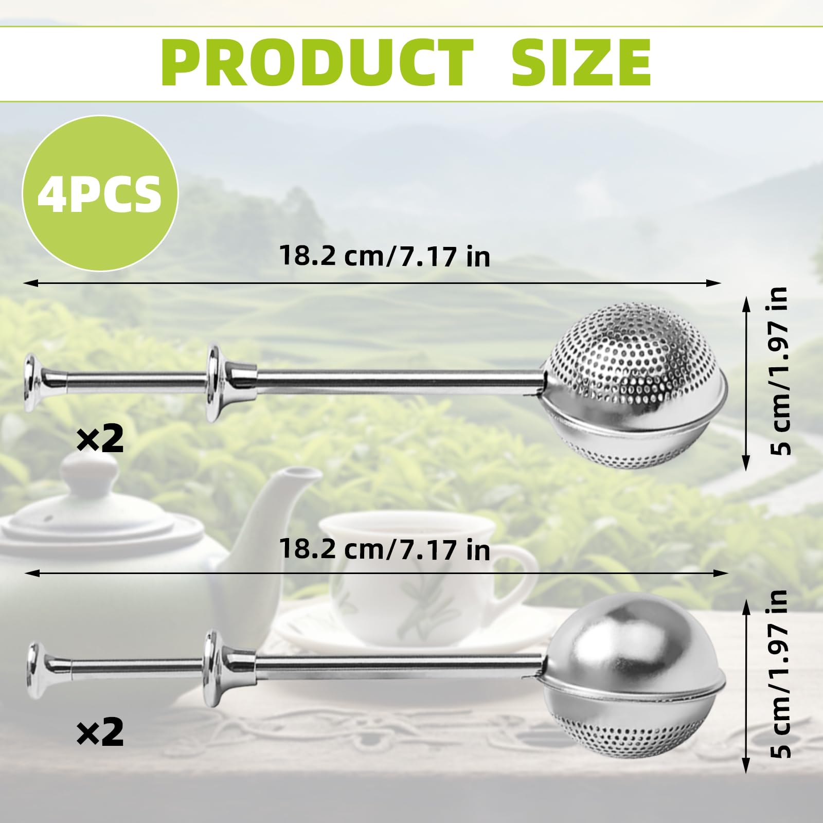 4 Piezas Infusor de Té Acero Inoxidable 304, Pinzas para Té, Reutilizable, Bolas de Té con Agujeros Totales, Colador de Tea en Forma de Bola, Bola de Filtro de Tea con Mango Telescópico
