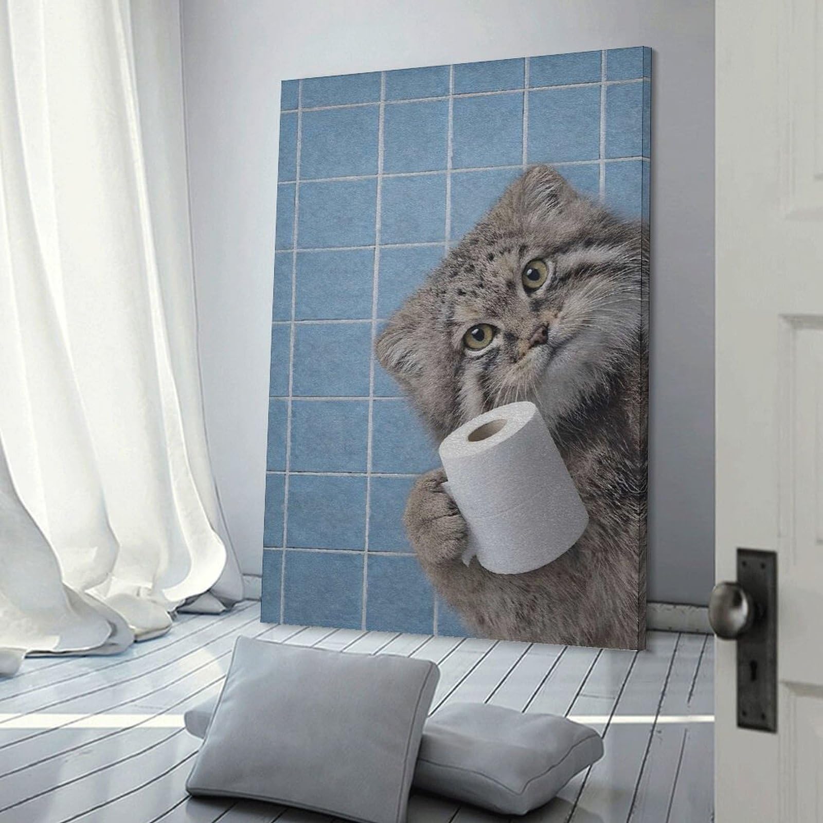 Junmoney Pallass Cat with Toilet Paper Decorative Wall Artwork, 24x36inch(60x90cm), for Hallway, Lounge Or Guest Room, Decorative Present for New Homes