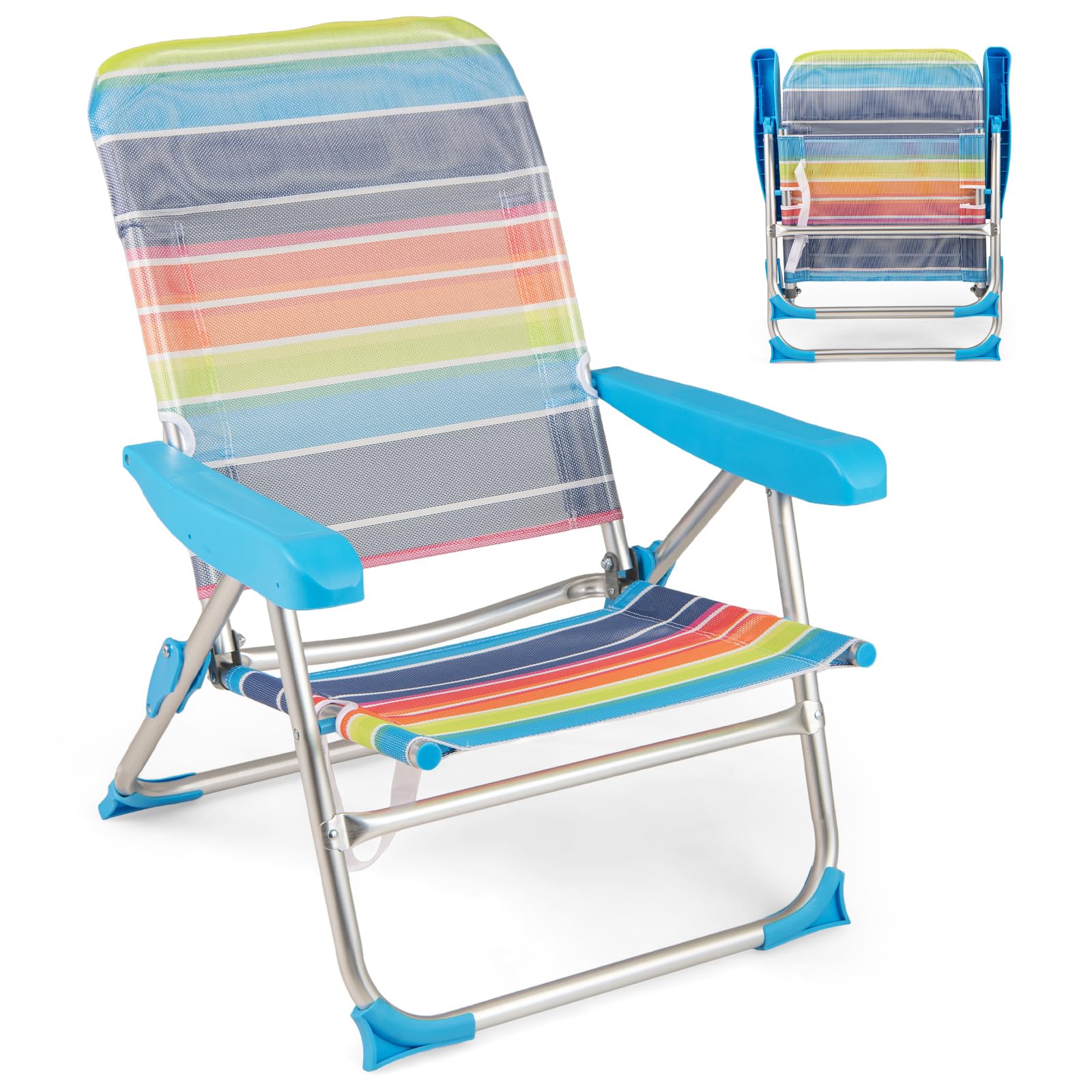 RELAX4LIFE Set di 2 Sedie da Spiaggia, Sedia Pieghevole con Schienale Regolabile a 4 Posizioni, Braccioli, Tracolla, Alluminio Leggero, Portatile, Capacità 150kg, per Picnic, Pesca (64 x 64 x 83 cm)