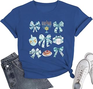 Hanukkah Shirt Women Bow Menorah Candles Hanukkah T-Shirt Jewish Menorah Chanukah Tee Tops