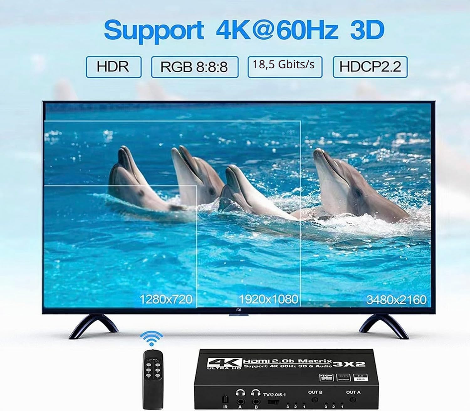 Matrice HDMI 3 x 2 4K60 Hz Commutateur matriciel 3 entrées 2 sorties avec extracteur EDID et télécommande infrarouge, prend en charge Ultra 4K HDR, 3D/1080p, HDMI 2.0b, HDCP 2.2