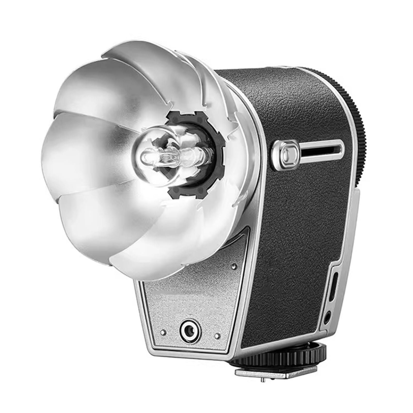 Lampa błyskowa na kamerze Speedlite ze srebrnym reflektorem, temperatura barwowa 6200 K, ogniskowa 28 mm, ładowalna do lustrzanek cyfrowych i kamer filmowych