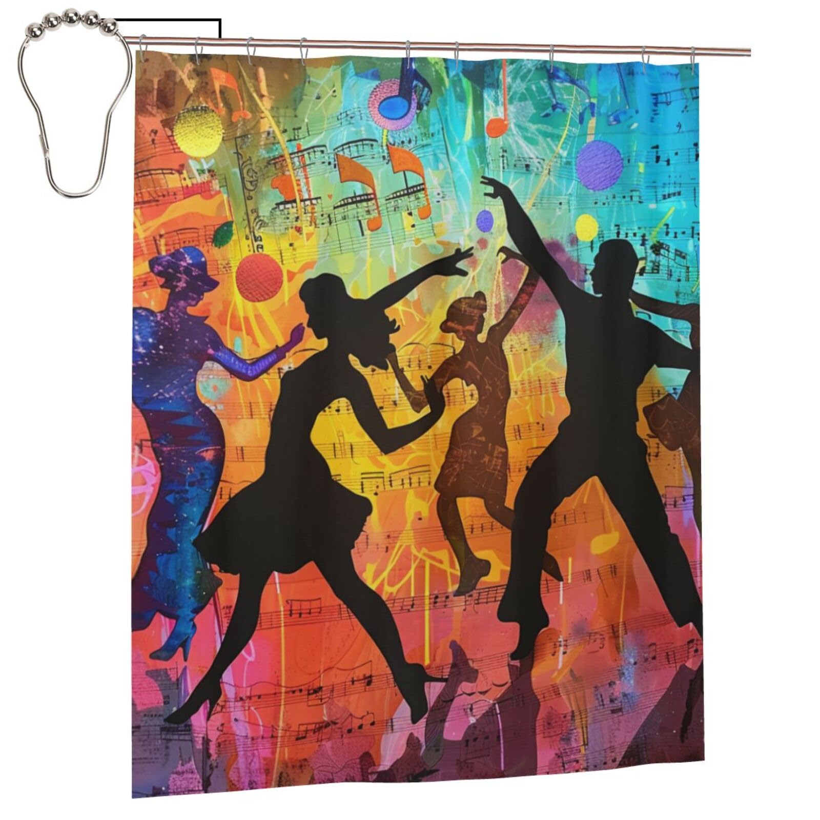BWWHCCTI Dance With Music Printed Shower Curtain With 12 Iron Hooks Opaque Quick Drying Waterproof Shower Curtains Sets For Bathroom 152x183 Cm