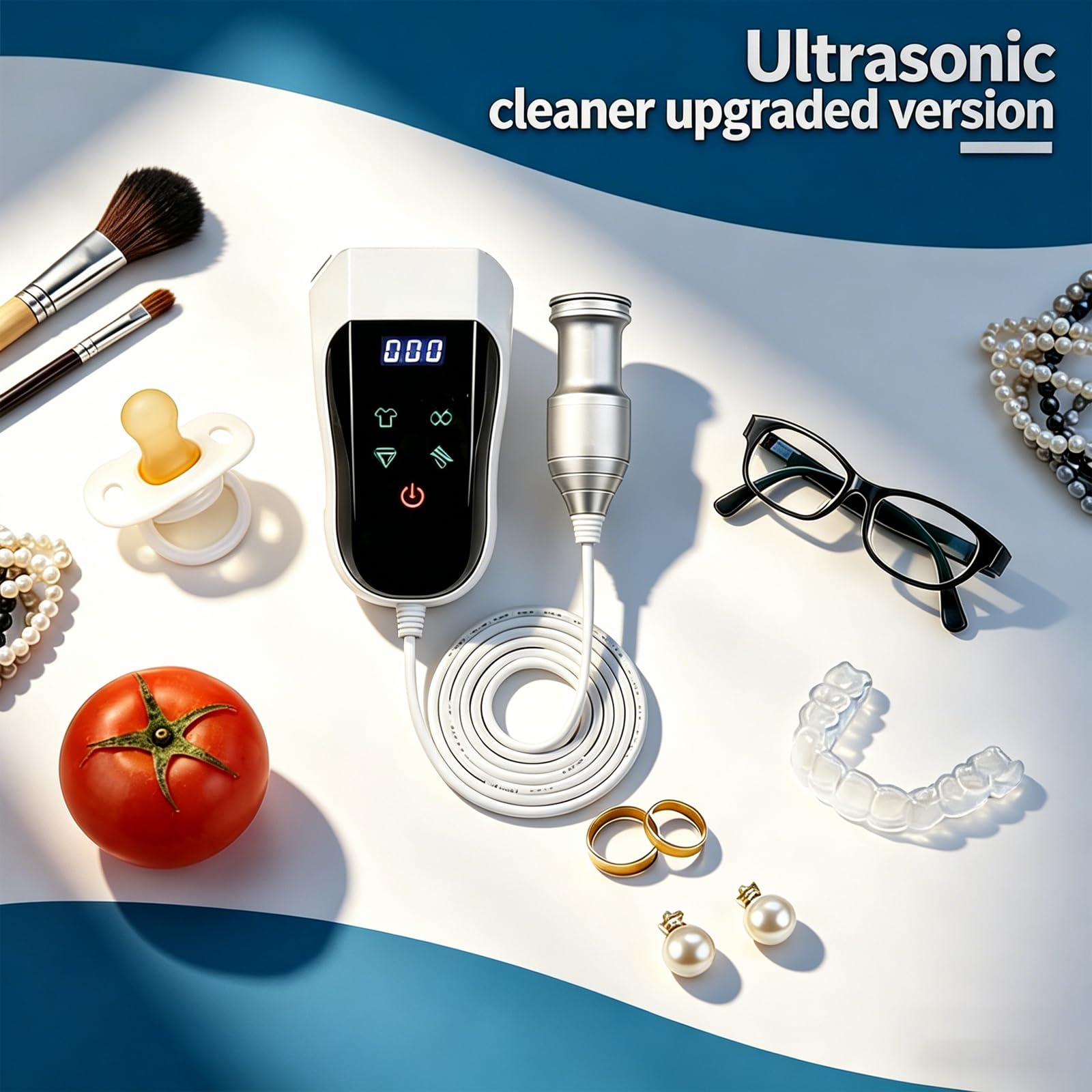 Pulitore ad ultrasuoni portatile for uso domestico | 4 modalità di pulizia e timer automatico, bacchetta di pulizia a ultrasuoni da 60 kHz, for occhiali, frutti di mare.