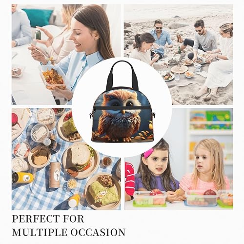 Miniatura 7 de Lonchera con estampado de búho lindo para mujeres y hombres, aislada, impermeable, a prueba de fugas, bolsa de almuerzo con correa ajustable para el