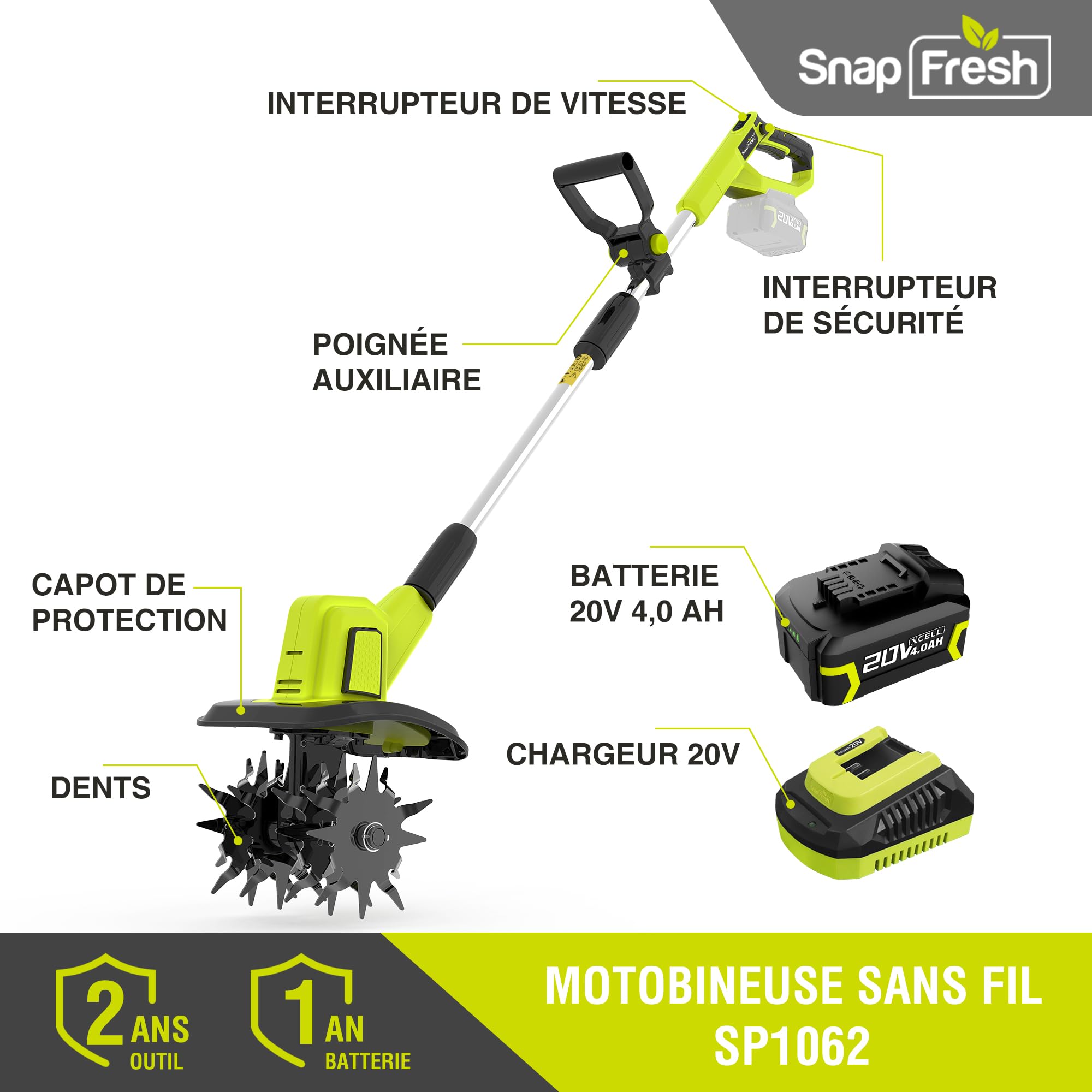 SnapFresh Motobineuse sur Batterie sans Fil 20V - Fraise de Jardin électrique avec Batterie 4,0 Ah et Chargeur Rapide pour Planches de Jardin