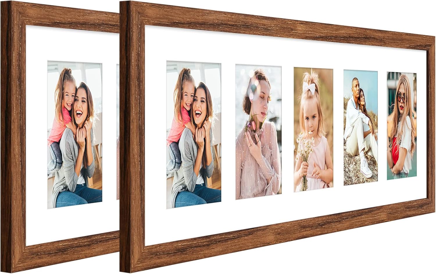 8x24 Collage frame with 5 Openings 4X6 Pictures, Multiple Picture Frame with Mat, Wall or Tabletop Decor, Carbonized Brown Wood Grain,2 Pack Carbonized Brown 8x24