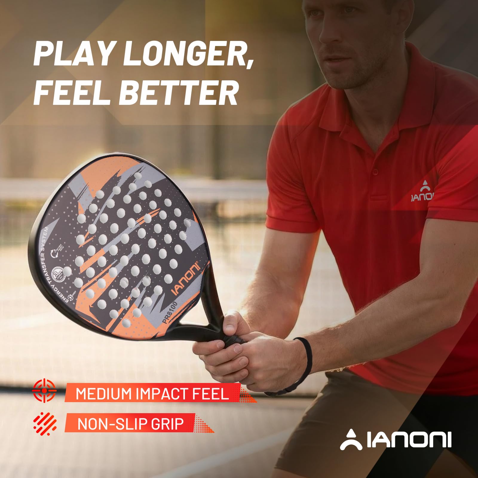 IANONI Racchetta da padel con superficie in fibra di carbonio con nucleo in schiuma EVA Memory Flex Foam Racchetta da tennis Paddle Paddle Racchetta da tennis - 8100 grigio-arancione
