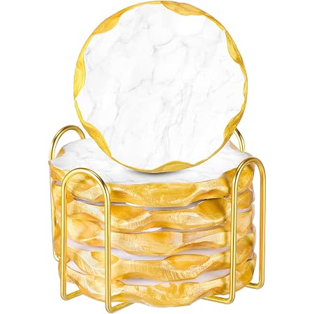 Sottobicchieri In Marmo Thirstystone: Set Da 4 Rotondi Con Bordi Oro, Eleganza Lusso Per La Casa. Proteggono Dal Calore, Antiscivolo, Con Fondo In Feltro. Misura 10,2 Cm.