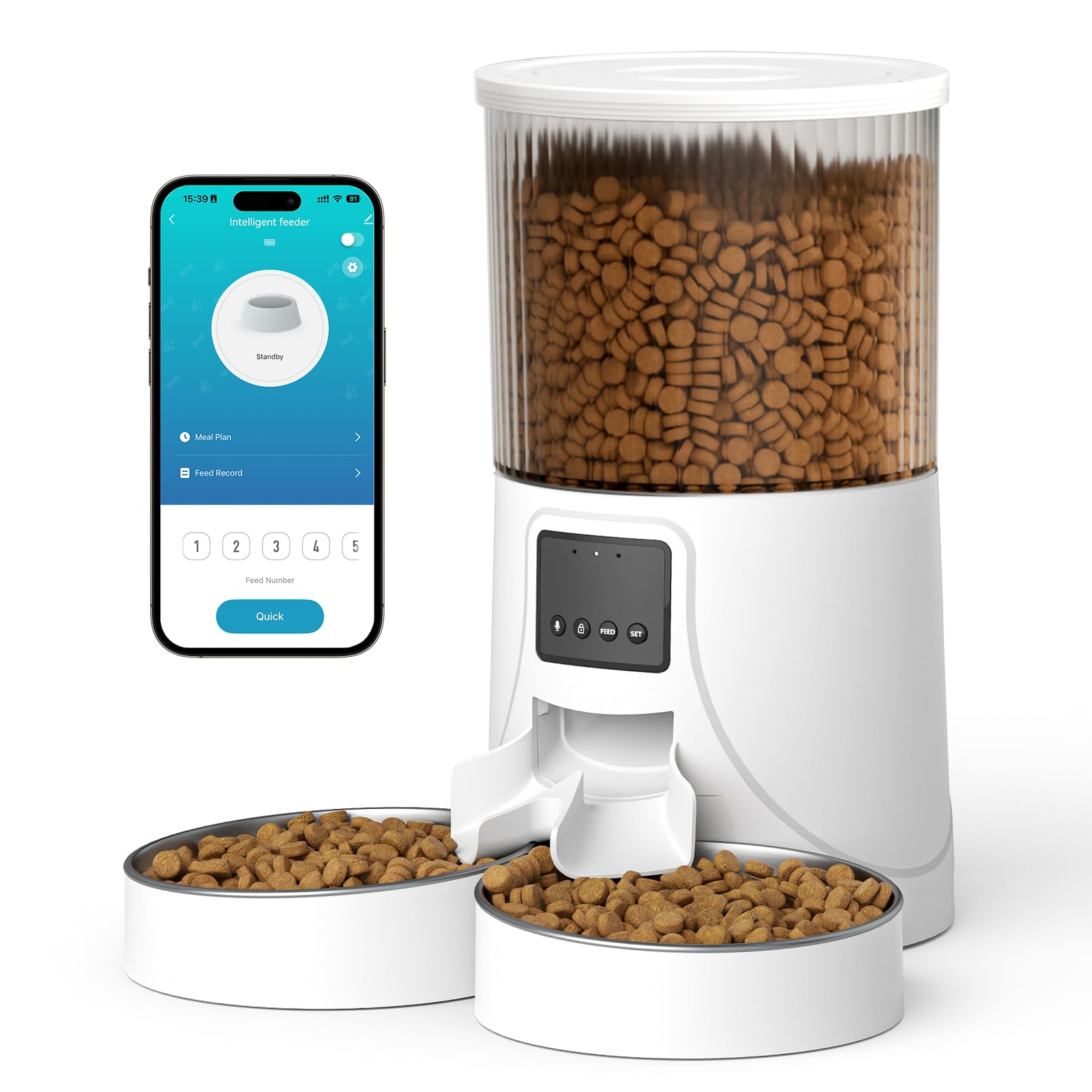 Tieker Tieker Alimentatore automatico per gatti, WiFi Smart Cat Feeder automatico, con registrazione vocale 10s e timer, dispenser di cibo con ciotola in acciaio inox per 2 gatti, 4 pasti giornalieri
