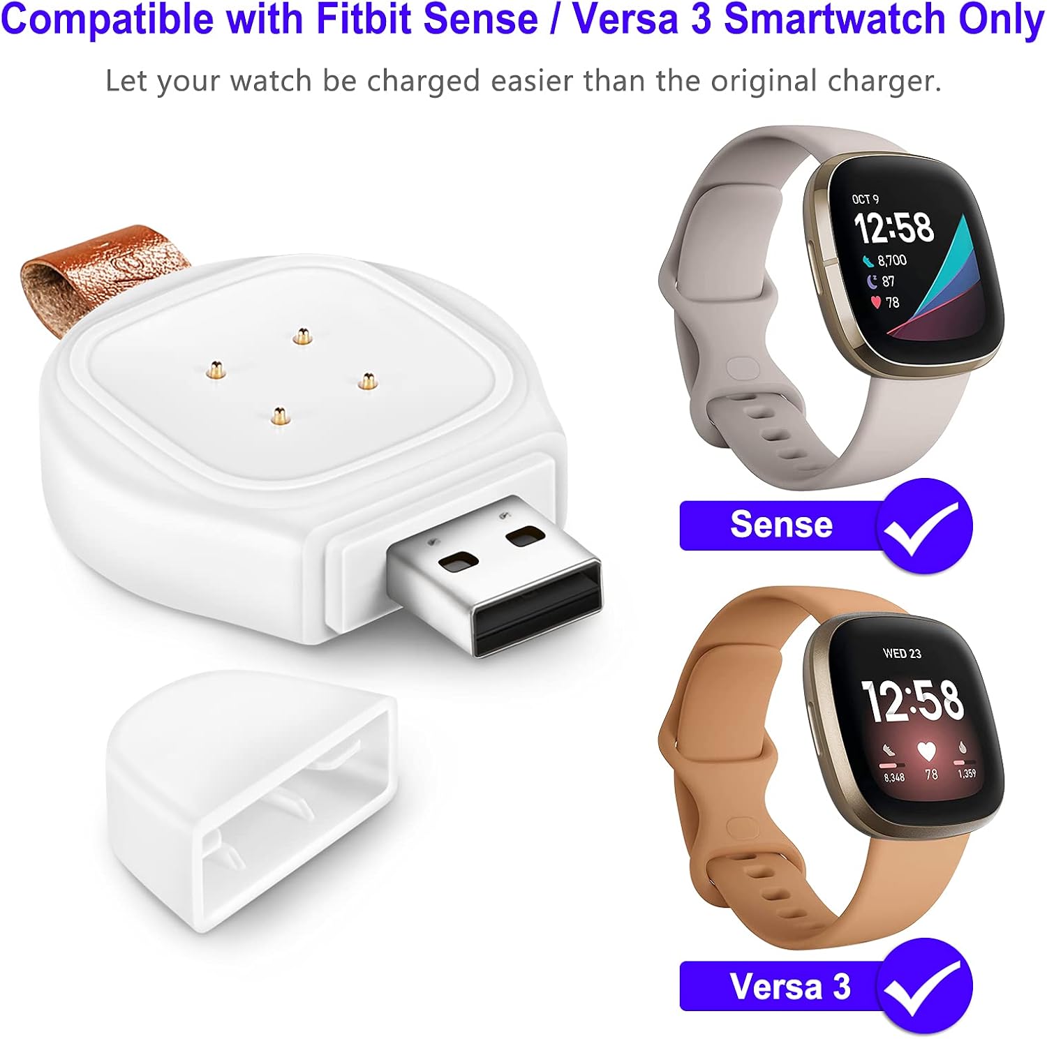 Fintie Watch Charger Compatible with Fitbit Versa 4 / Versa 3 / Sense 2 / Sense, Portable Magnetic USB Wireless Charger Fast Charging, Travel Cordless Car Charger, White