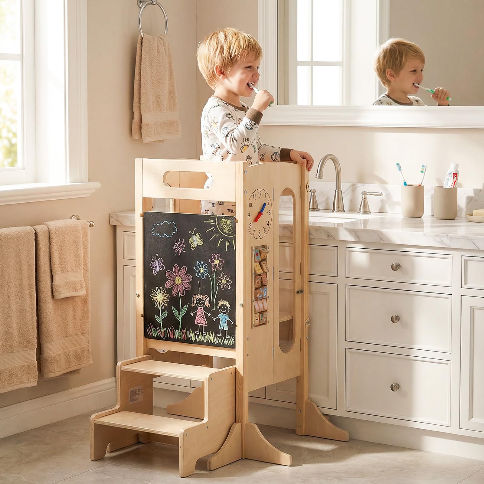 COSTWAY Torre Montessoriana Pieghevole per Bambini, Sgabello da Cucina in Legno con 2 Scalini e Rete Sicurezza, Torre di Apprendimento Montessoriana con Lavagna e Giochi Sensoriali per Bambini 3+ Anni
