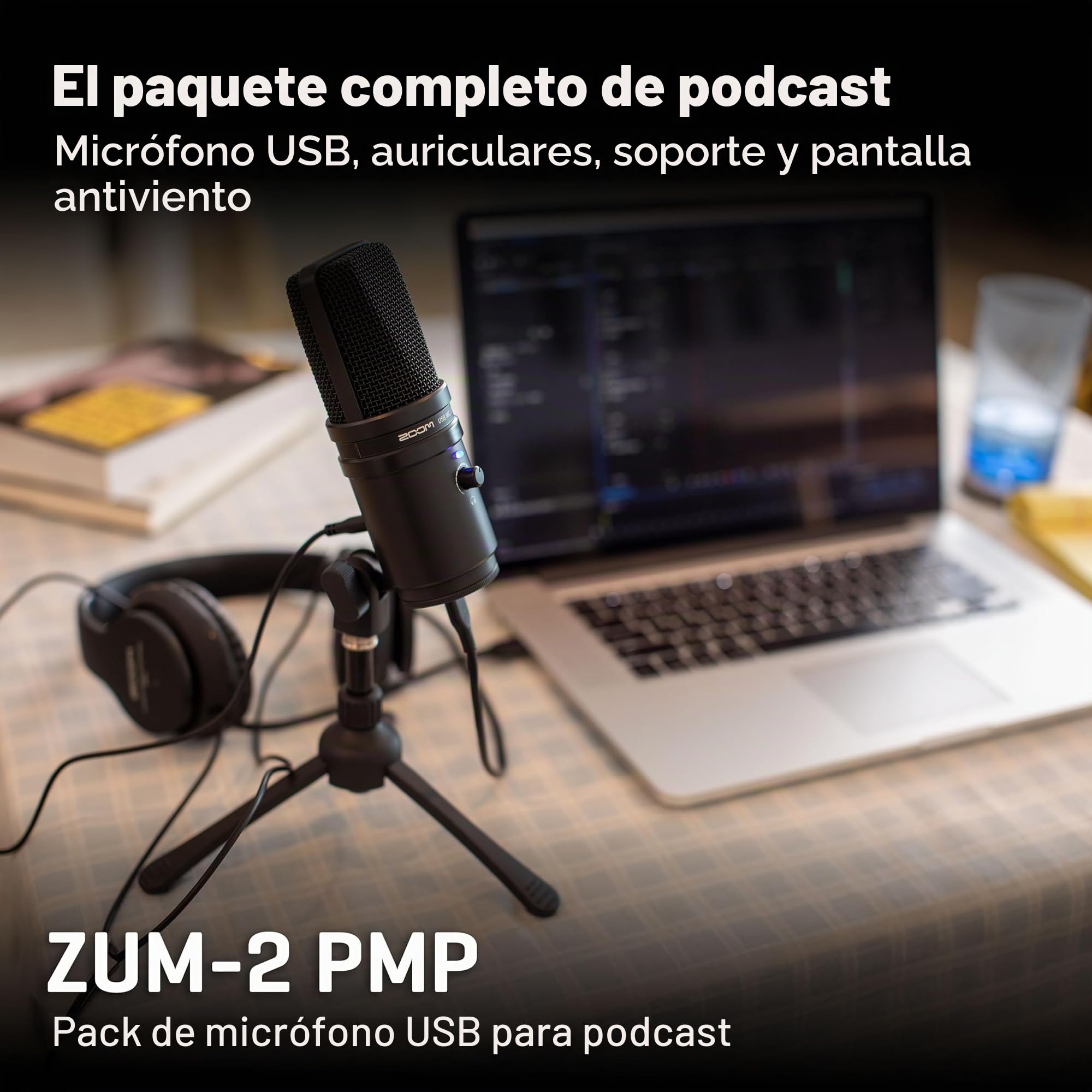 Zoom Zum-2 Podcast Mic Pack, Podcast micrófono USB, Auriculares, trípode, Parabrisas, Cable USB, para grabación y transmisión de podcasts, música, Voz en Off y Mucho más