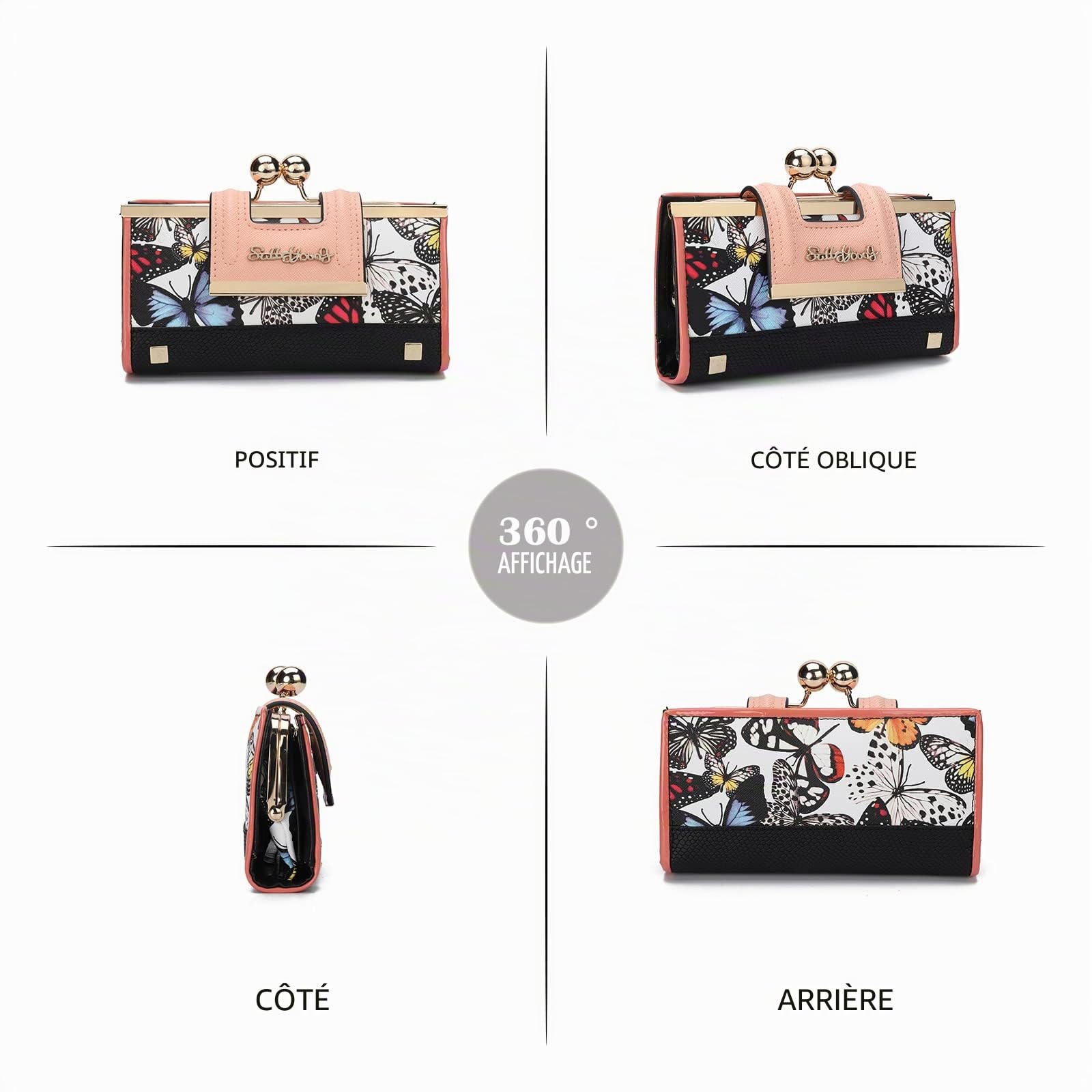 Gladdon Portefeuille Femme Élégant, 10 Emplacements Cartes avec Fenêtre Transparente, Fermoir Métallique, Poche à Pièces, Sac de Soirée, Motif Papillon sur Fond Blanc