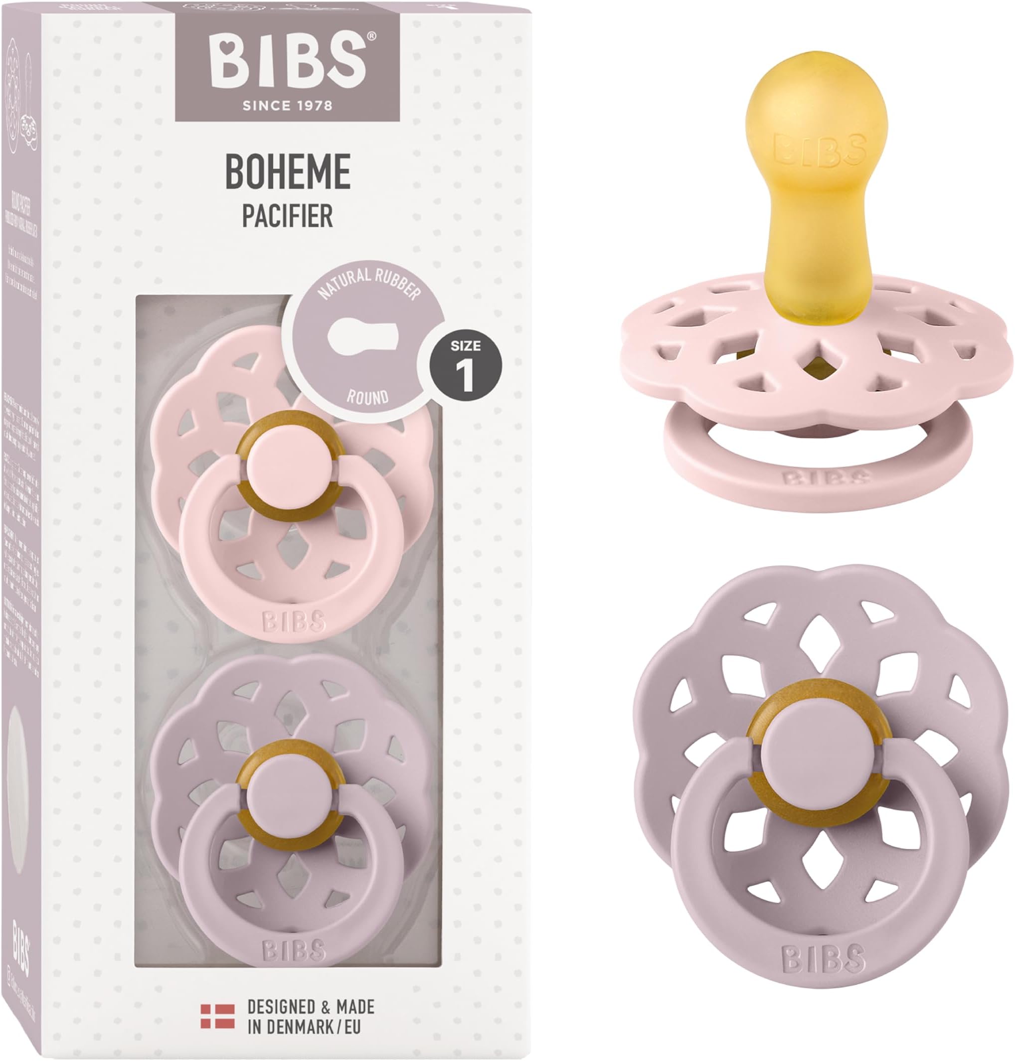 Bibs Pacifiers, Natural Rubber Baby Pacifier, Round Nipple, Pack of 2 BPA Free Soothers - 0+ Months, Size 1- Blossom & Dusky Lilac, Boheme Collection