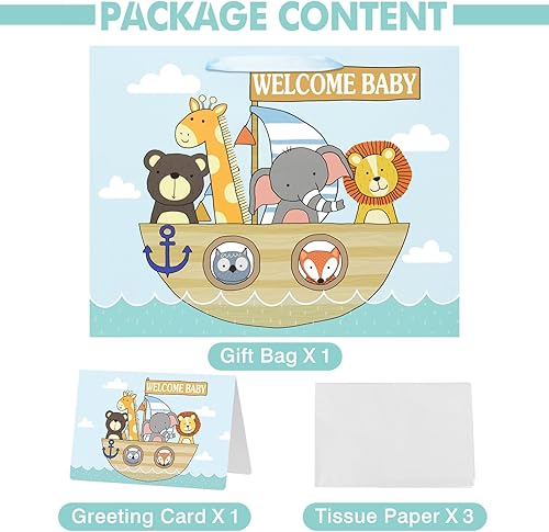 Miniatura 3 de Bolsa de regalo grande de 13 pulgadas con tarjeta y papel de seda para baby shower, cumpleaños de niños (animal)