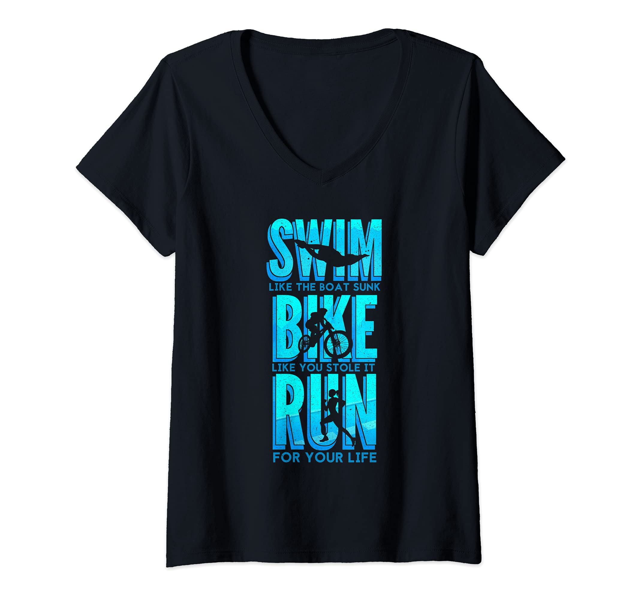 Womens Swim Bike Run Triathlon Athlete Sports Contest Race Fitness V-Neck T-Shirt, Black