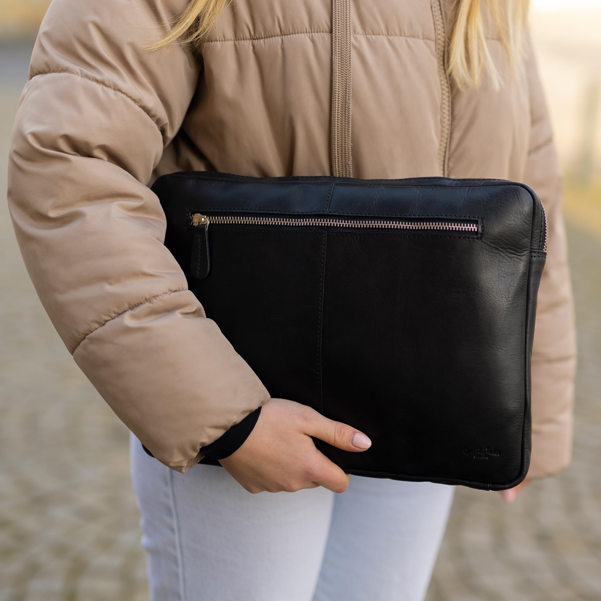 Gusti Torba na laptopa pokrowiec na laptopa unisex skóra Austin skórzana czarna skóra, czarny