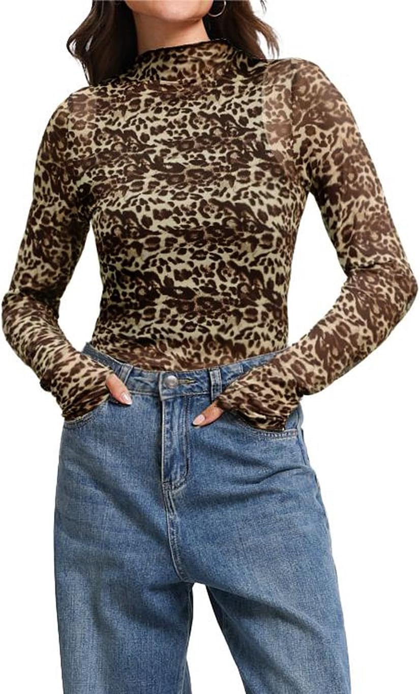 IWOLLENCE Women's Sexy Lace Long Sleeve Mock Neck Tops Trendy Floral See Through Blouse Western Sheer Mesh Shirts - Image 2