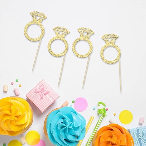 Miniatura 3 de 24 piezas de anillos de diamantes con purpurina dorada para decoración de cupcakes, decoración de pasteles de boda para despedidas de soltera,