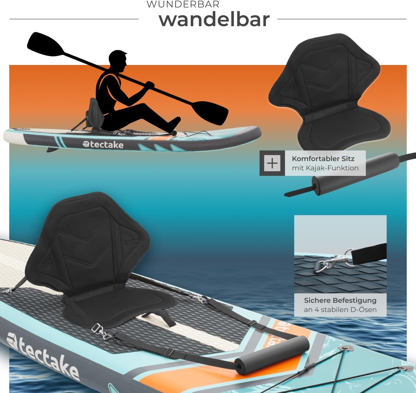 Kayak seat attached to the SUP board with D-rings
