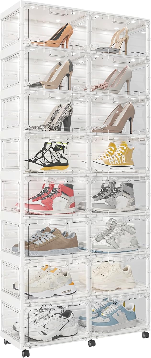 Led Shoe Box Light,Foldable Stackable Sneaker Display Storage with Clear Side Open Door Organizer,Shoe Rack Organizer Cabinet,Voice Control 2 Rows 8 Layers (Transparently 2 Rows 8 Layers)