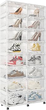 Led Shoe Box Light,Foldable Stackable Sneaker Display Storage with Clear Side Open Door Organizer,Shoe Rack Organizer Cabinet,Voice Control 2 Rows 8 Layers Transparently 2 Rows 8 Layers
