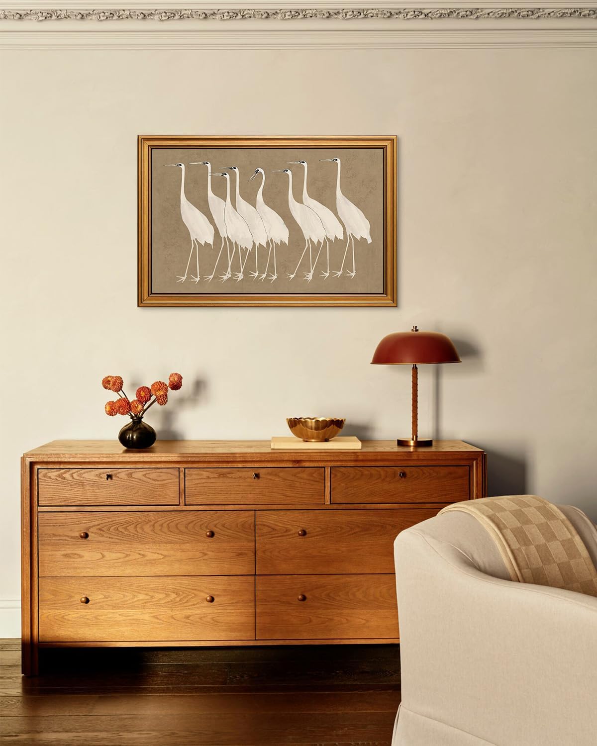 insimsea gold framed canvas prints wall art, vintage bathroom decor, classical cranes animals paintings farmhouse large wall decor aesthetic, retro pictures for bedroom living room, 16x24inch eight cranes 24"l x 16"w