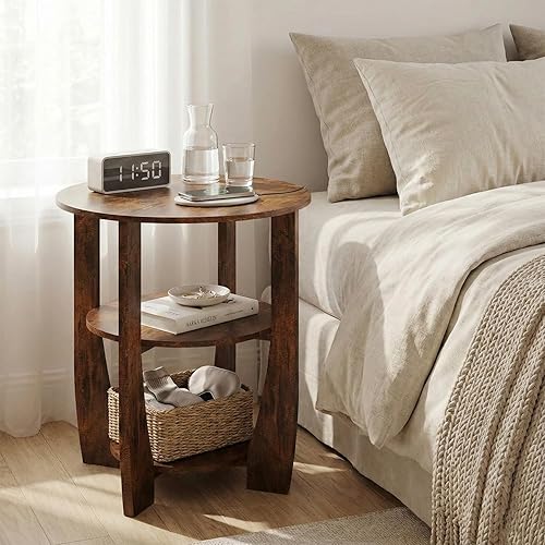 Miniatura 8 de Mesa auxiliar redonda marrón rústico, mesa auxiliar de 3 niveles con estantes de almacenamiento, mesita de noche de granja para dormitorio, mesa
