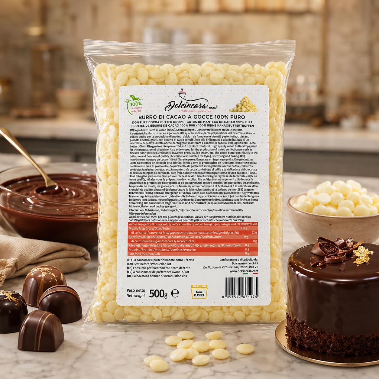 Dolcincasa Burro di Cacao a Gocce 100% Puro 500 g, per Cioccolato, Dolci da Forno, Biscotti, Frolle, Croissant e Pasticceria
