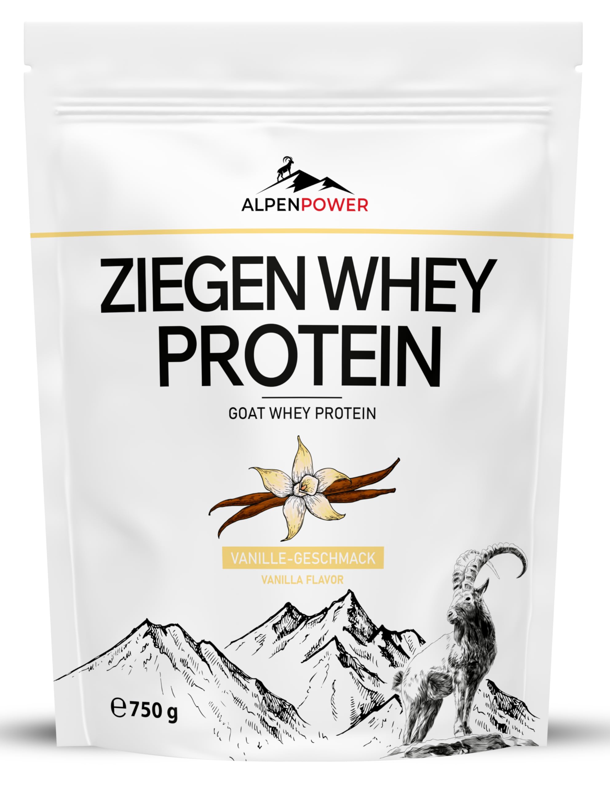 AlpenPower Ziegen Whey Protein Pulver 750g Vanille | Premium Molkenprotein aus Ziegenmilch | Leicht Verdaulich | Natürliche Proteinquelle für Muskelaufbau | Fitness & Regeneration