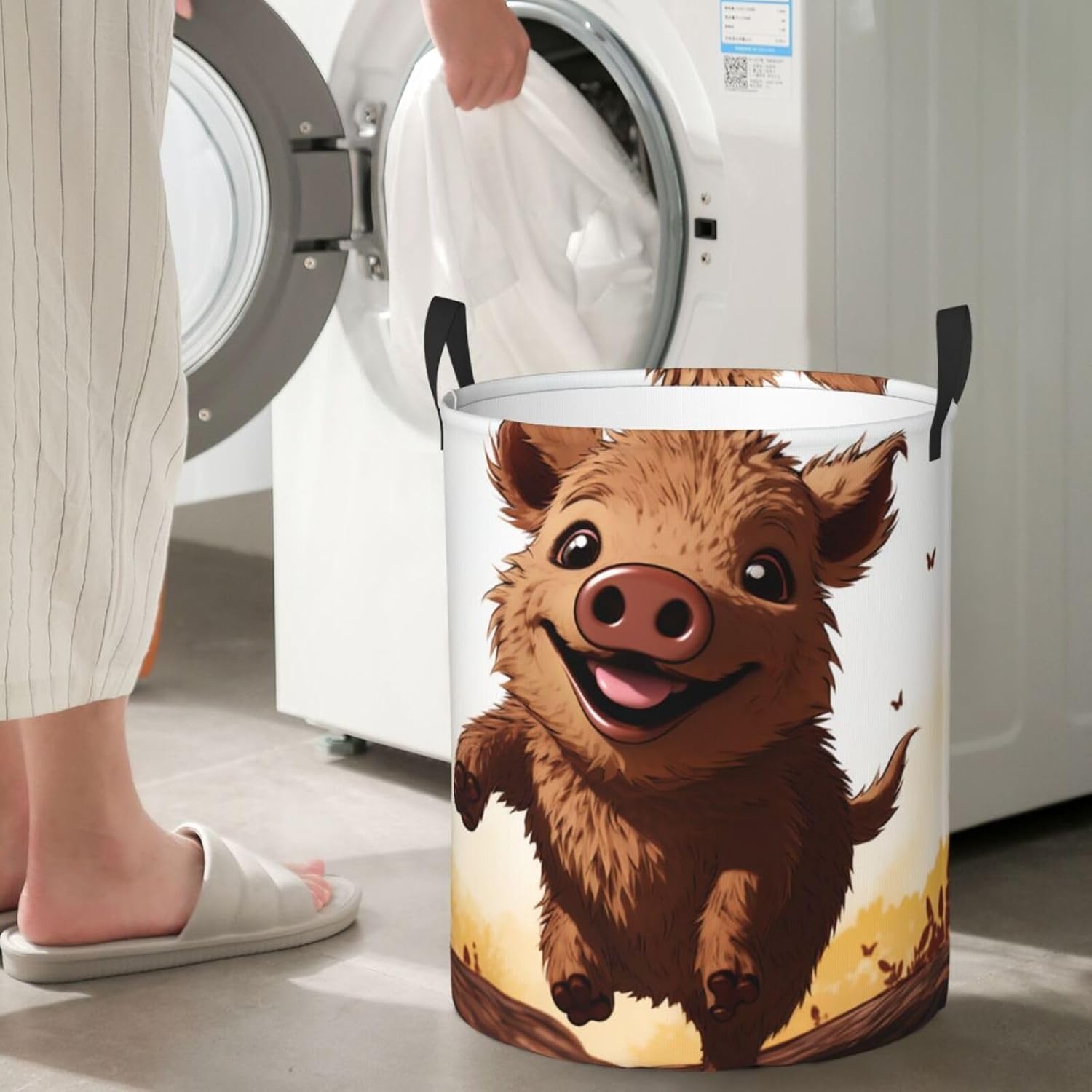 Jumping boar animation Laundry Basket With Handles, Foldable Laundry Hamper Oxford Cloth Dirty Clothes Basket Waterproof Clothes Toys Storage Bin Organizer for Bedroom Bathroom Dorm
