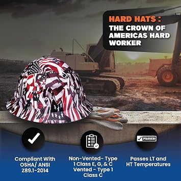 Updated Vented Full Brim Hard Hat, American Flag Gloss, Padded, OSHA Construction Safety Approved Hardhats, Hard Hats for Men, Cascos De Construccion Helmet.