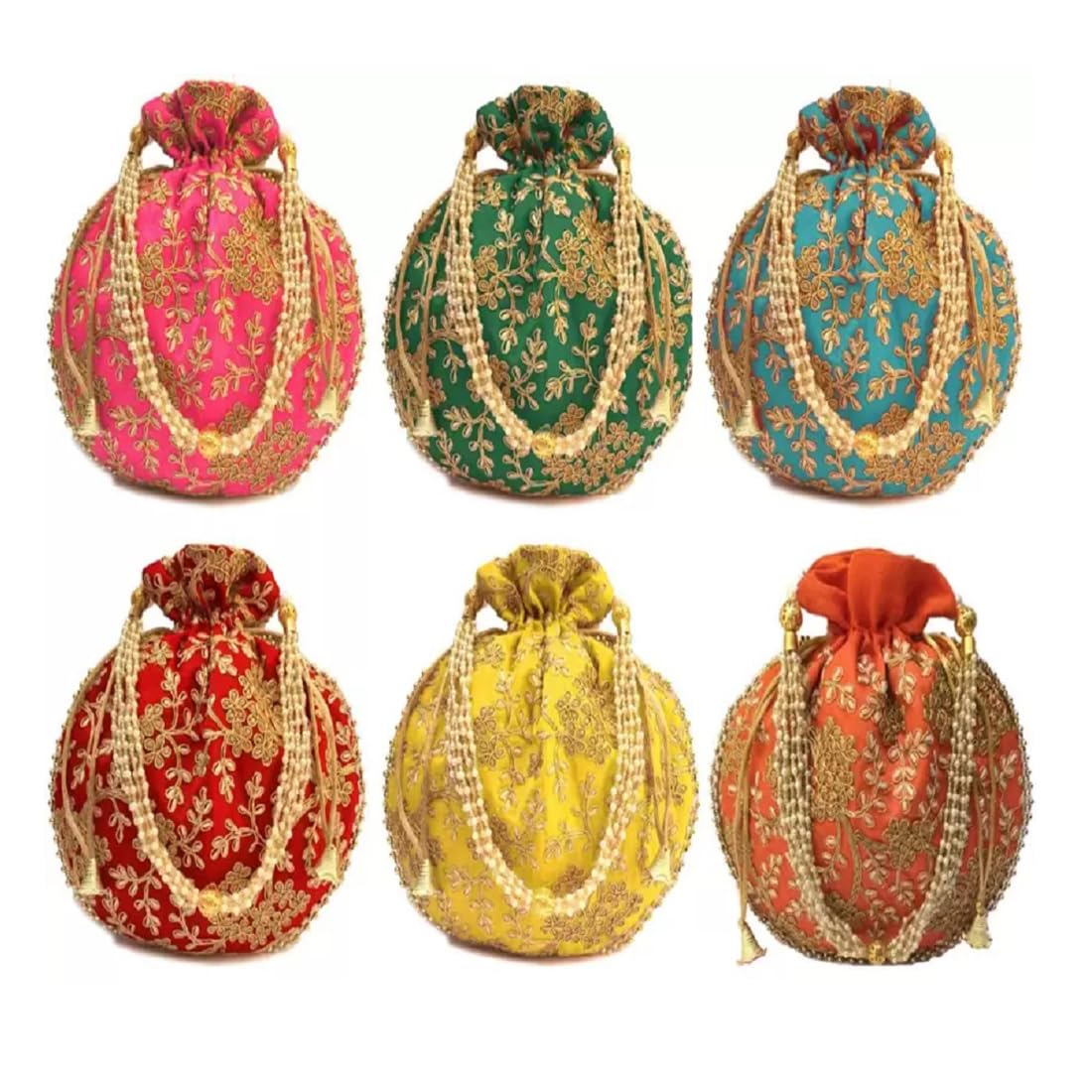 Decorative Potli Bags with Gold Embroidery and Pearl Beading, Set of 6, Multi-Colour-image-17