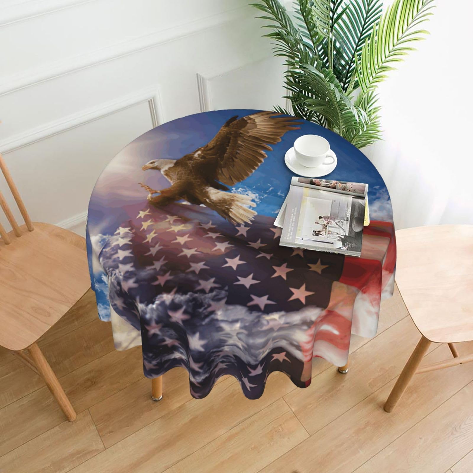 Zcmkjlg American USA Flag Eagle Art Print Quick Ship Round Tablecloth 60in Polyester Washable Cover for Dining Room