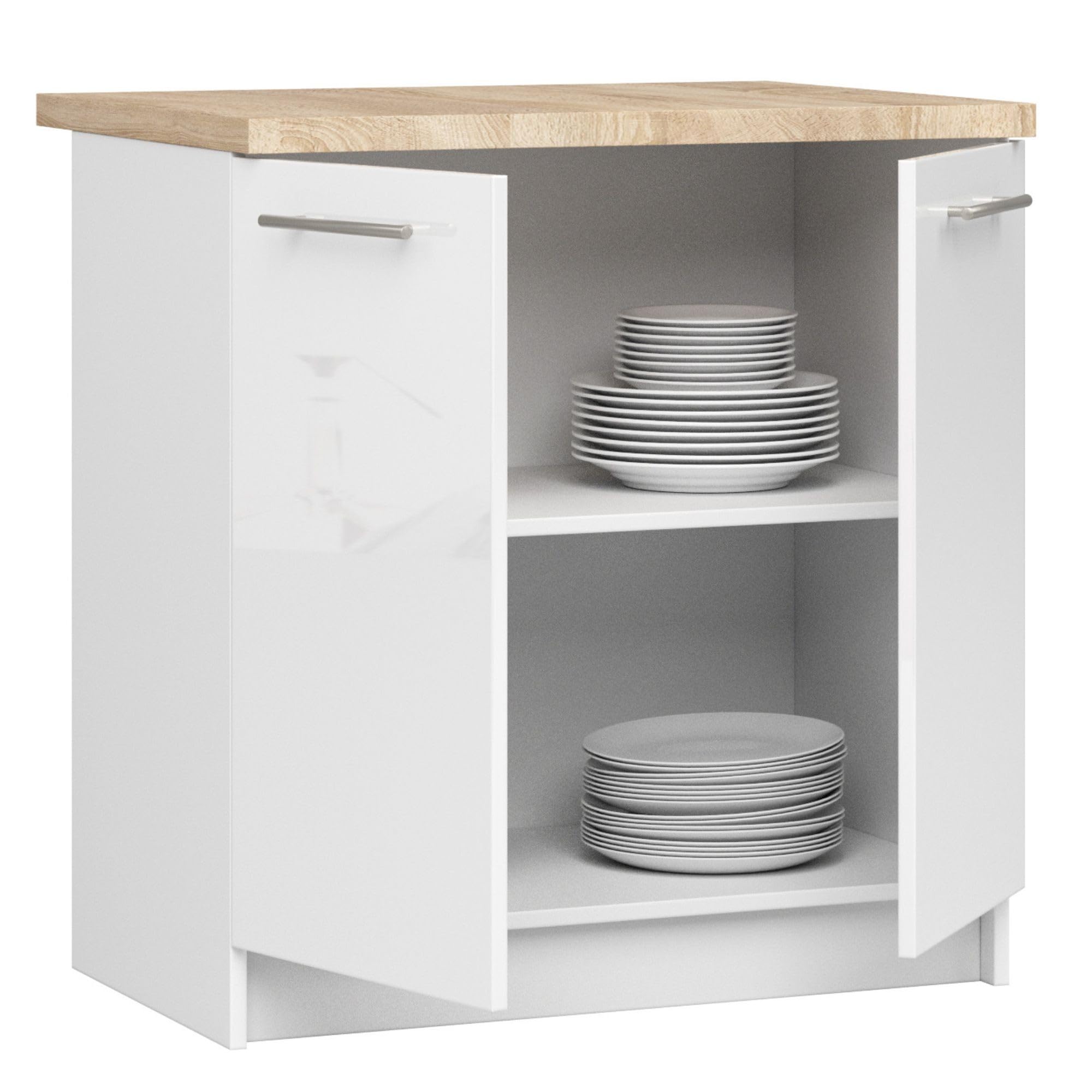 AKORD Oliwia S80 Keukenkast met werkblad, keukenonderkast met 3 laden, onderkast keuken 80 cm breed, ABS-rand 18 mm, 46 x 80 x 85 cm, wit, metallic glans