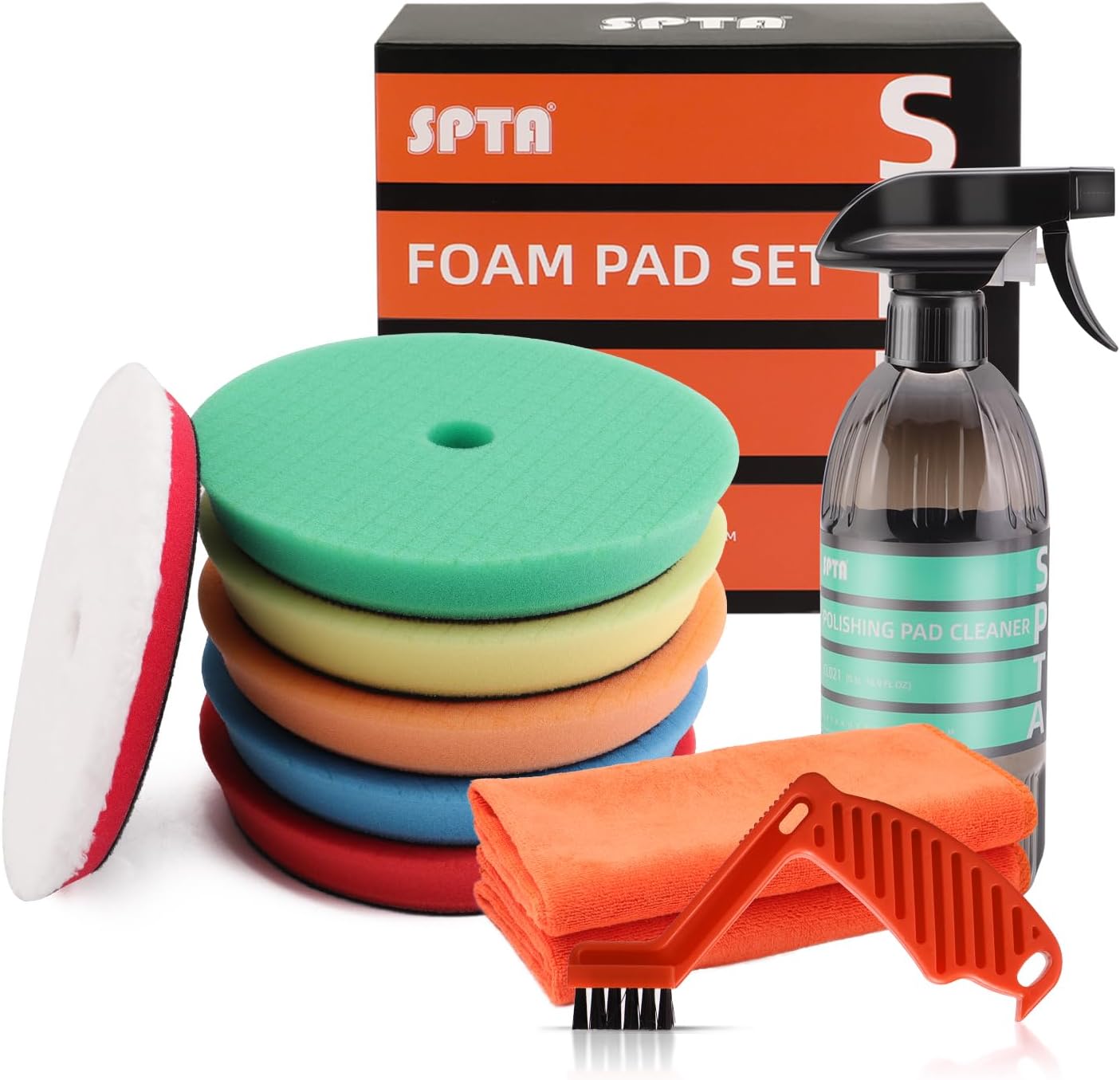 SPTA Polishing Pads, 5Pc 6 Inch 150mm Orbital Buffer Polisher Pads and 1Pc Microfiber Buffing Pads, Foam Polish Pad for Compounding, Polishing and Waxing, for 6”/150mm Backing Plate Car Polisher