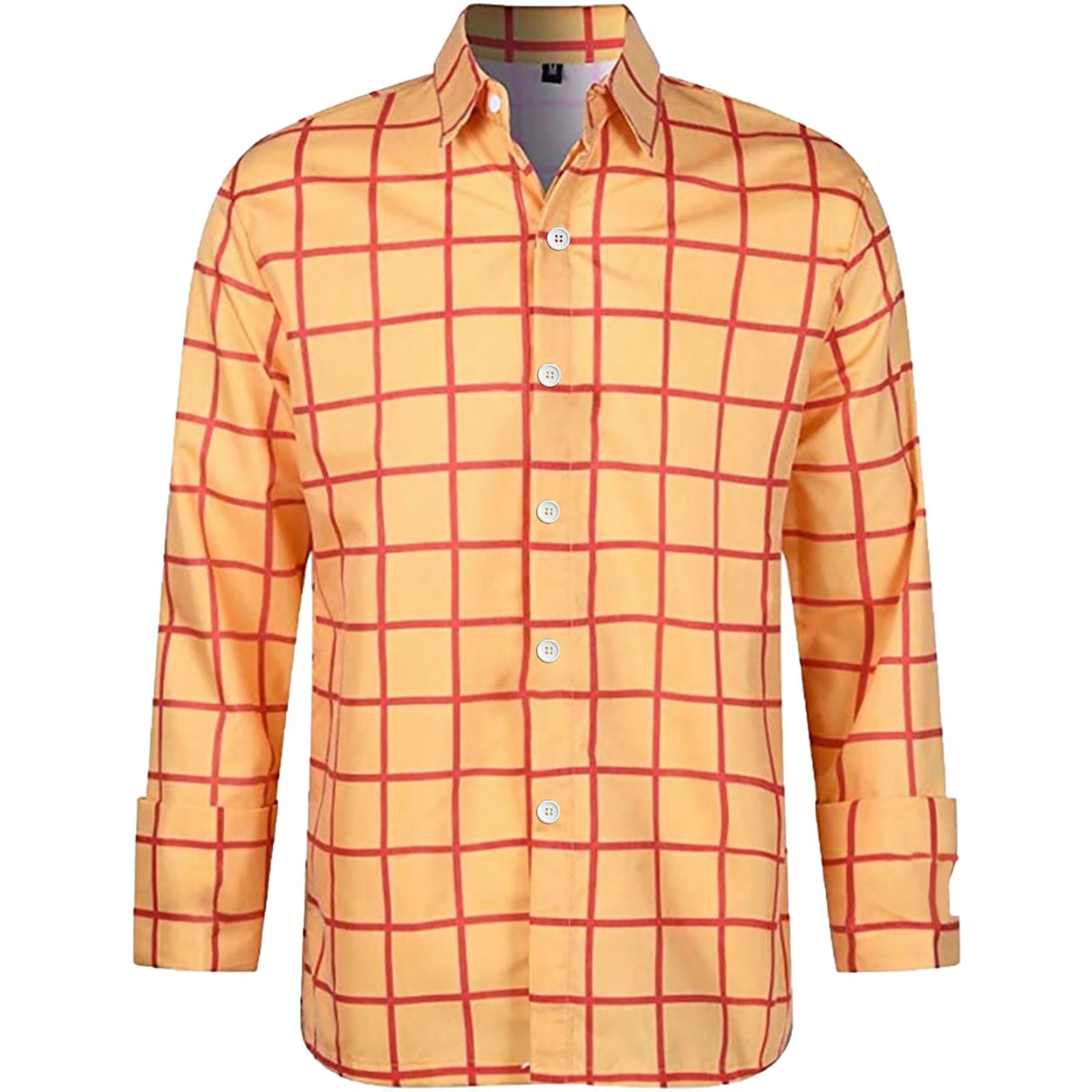 Yellow Checked Shirt Mens with Long Sleeve and Button-Down Autumn and Spring Cowboy Outfit Slim Fit Casual Plaid Shirt Adult World Book Day Costumes for Festival, Cosplay, Office, Daily,Orange,XXL
