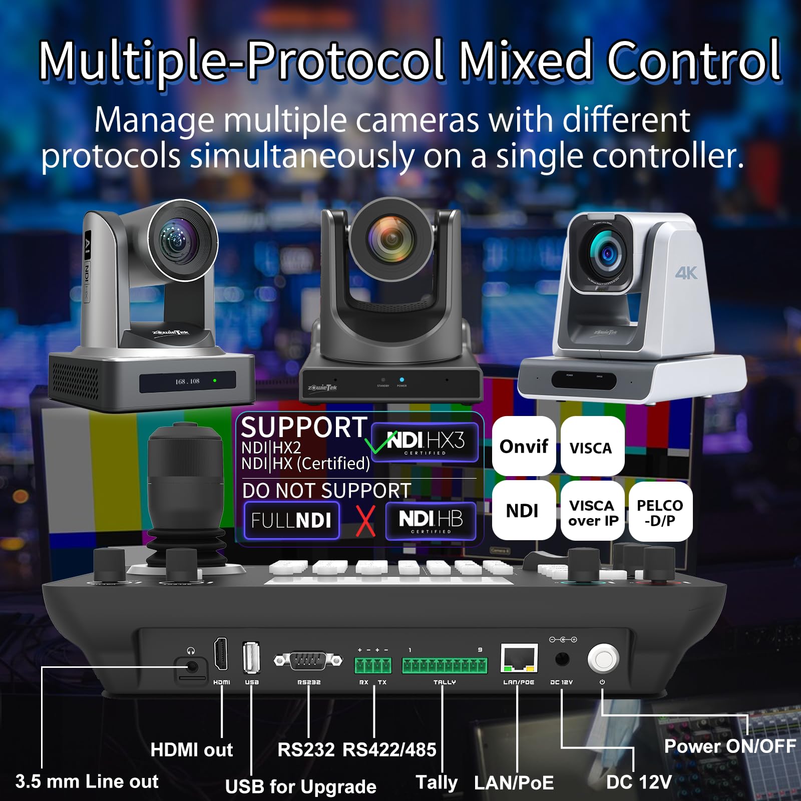 Zowietek Contrôleur PTZ NDI|HX3 avec joystick 7D, sortie HDMI, écran LCD 5" Quad-View, détection automatique des caméras