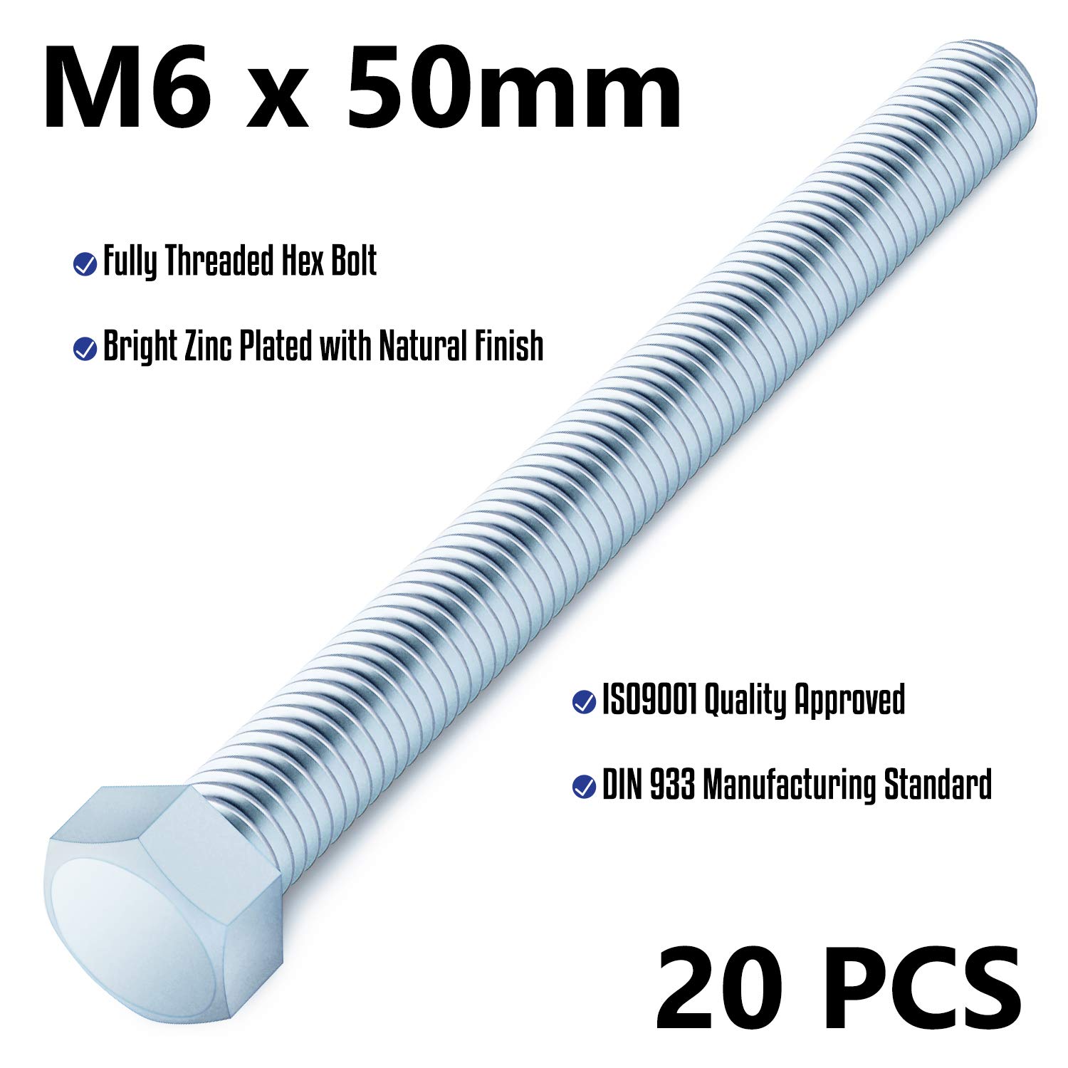 Hex Bolts Screws M6 x 50mm Steel Head Socket (Pack of 20 Pcs) Bright