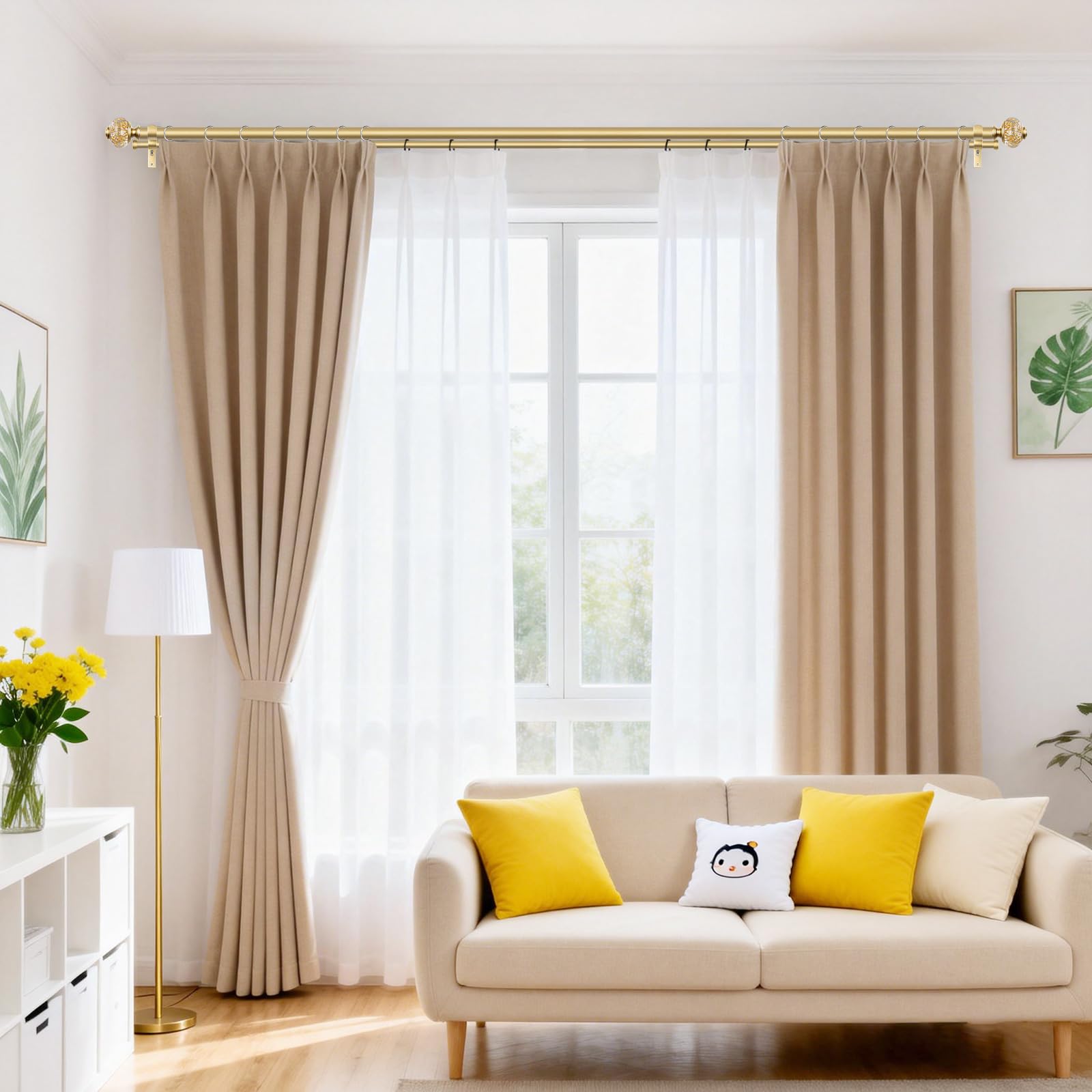 1 inch luxury gold double curtain rods for windows 66 to 120 inches(5.5-10ft), usfook adjustable heavy duty drapery rods, telescoping dual curtain rod with translucent finials, wall mounted