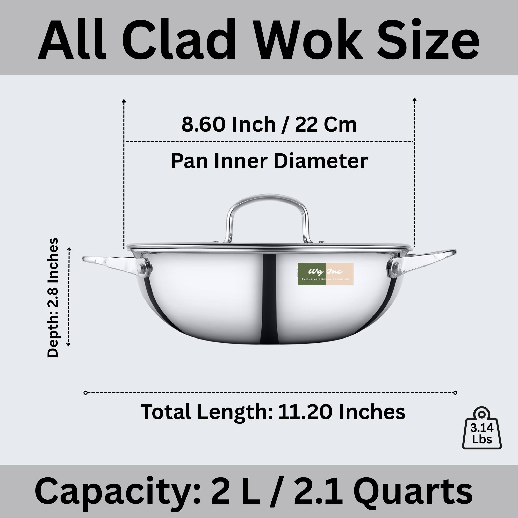 Wok de acero inoxidable con tapa, utensilios de cocina (22 cm de diámetro)