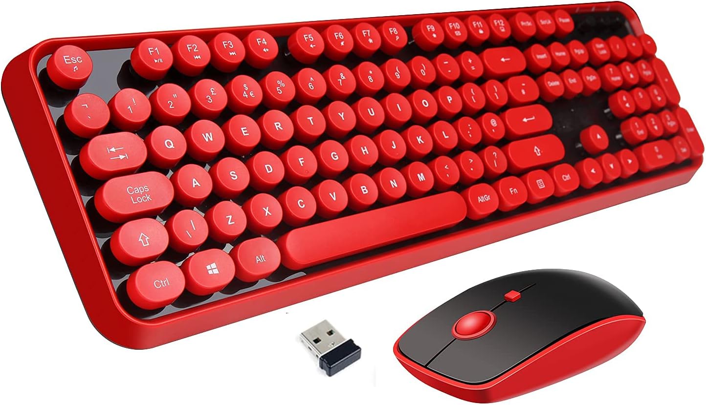 Red Wireless Keyboard and Mouse Combo, Retro Typewriter Style Round Key Keyboard with Bubble Keycaps, 2.4GHz Full Size with Number Pad, Cute Aesthetic Clicky Creamy Keyboard for PC Laptop Desktop