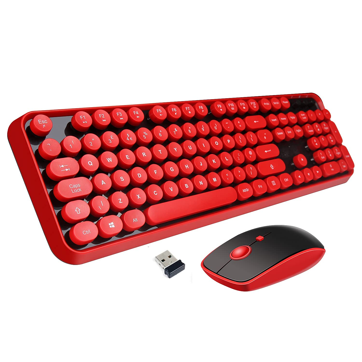 Wireless Keyboard and Mouse Combo Retro Typewriter Style Red Keyboard with 104 Round Keys Cute Bubble Round Keycaps