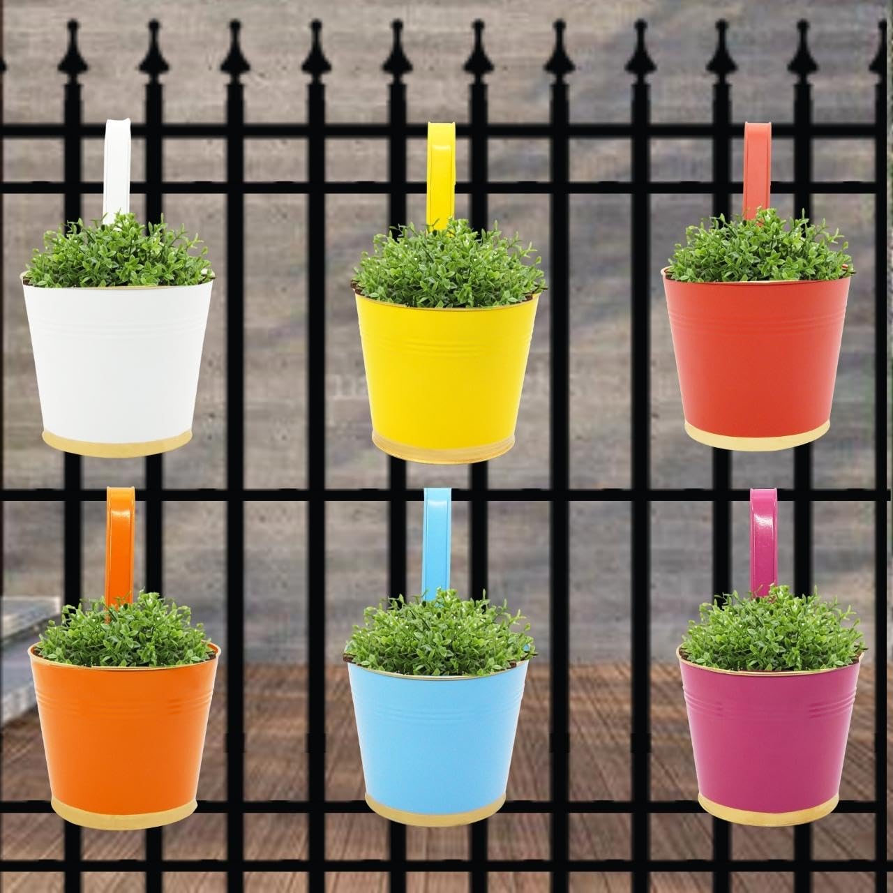 ecofynd 7 Inches Halley Railing Planters for Balcony, Hanging Pots for Plants, Wall Hanging Decorative Planters for Vertical Garden, Pack of 6 (Multicolor)