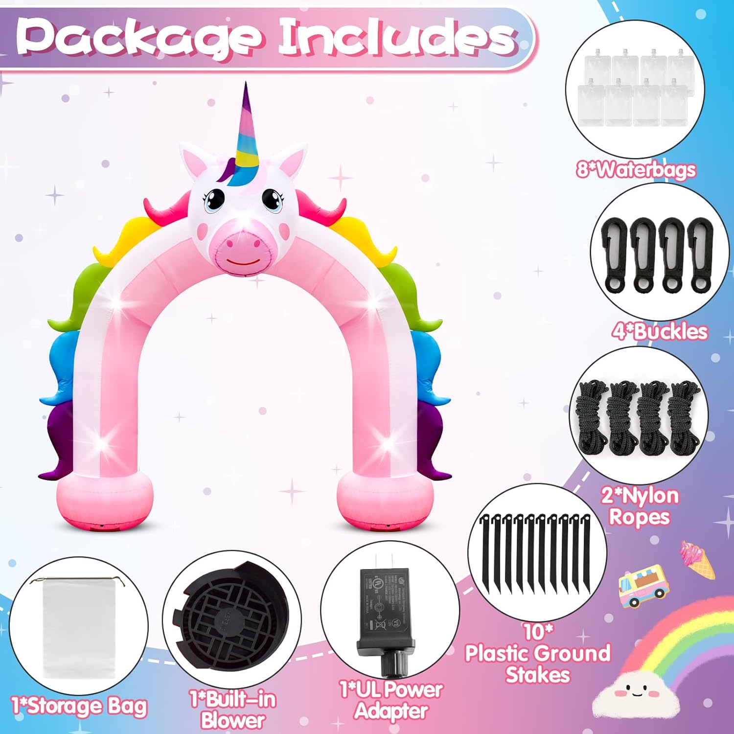 10FT Inflatable Unicorn Arch Outdoor Decorations Giant Blow Up Unicorn Rainbow Built-in 5 LED Lights for Unicorn Girls Birthday Party Wedding Baby Shower Garden Yard Lawn