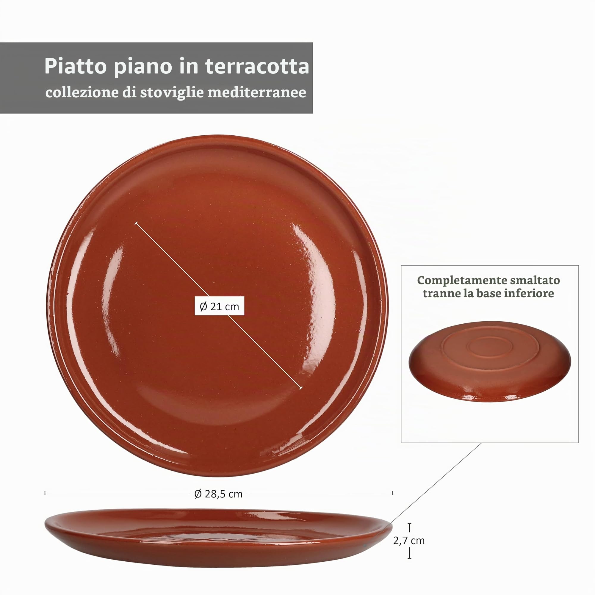 MamboCat Set 6 piatti piani in terracotta Ø 28,5 cm 6 persone Piastra per bistecca Piastra per grigliare Piastra di servizio Mediterranea smaltata Pezzo unico fatto a mano Mercato medievale