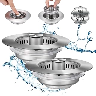 Upgraded 3 in 1 Kitchen Sink Drain Strainer - Stainless Steel Sink Stopper, Anti-Clogging Sink Food Catcher Basket, Fast Drainage Odor Filter Sink Plug for US Standard 3 1/2 inch Drain (Silver-2Pack)