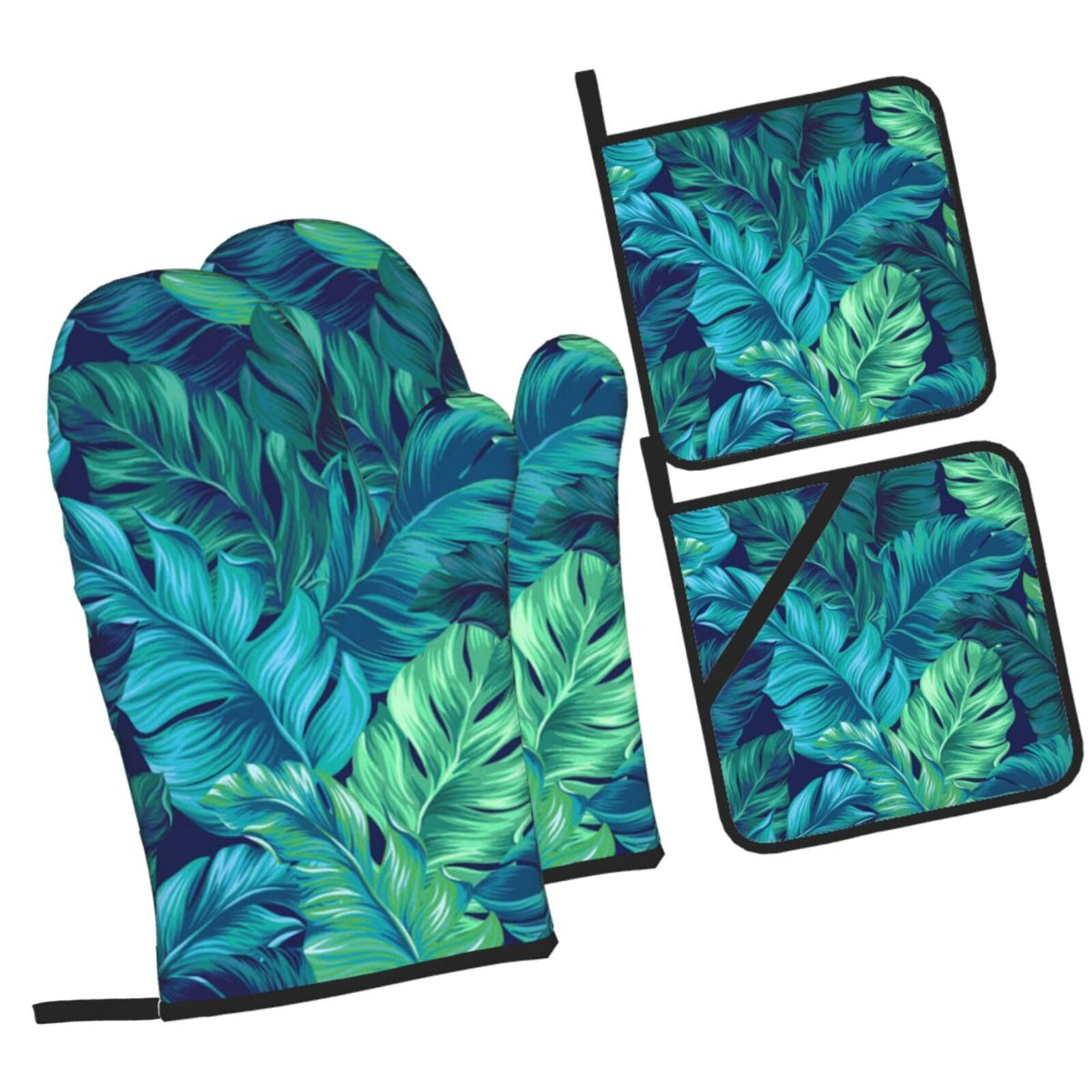 Tropical Palm Leaves Printed Oven Mitts and Pot Holders Heat Resistant Set of 4 Pcs, Modern Kitchen Gloves & Potholders for Cooking Baking Grilling