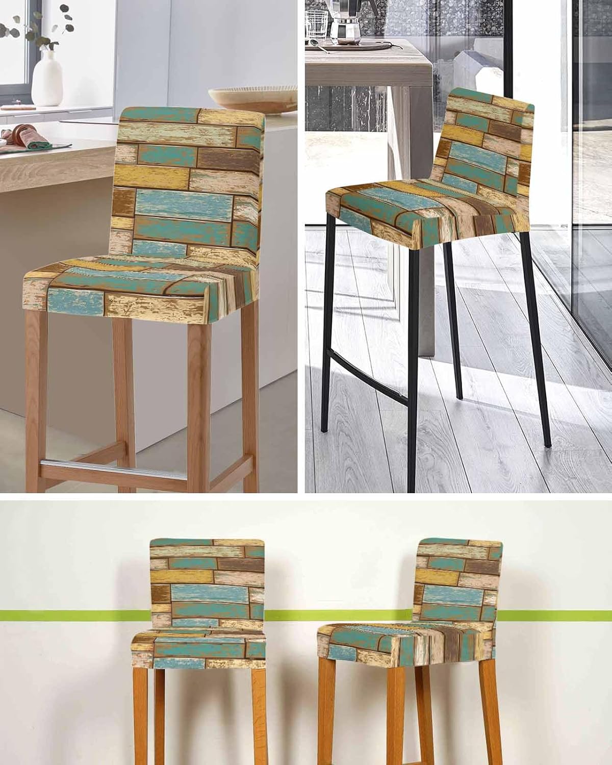 Bar Chair Stool Covers Set of 6, Farmhouse Teal Blue Brown Stretch Washable Removable Bar High Chair Cover, Country Vintage Wooden Elastic Bar Chair Protector for Kitchen/Restaurant